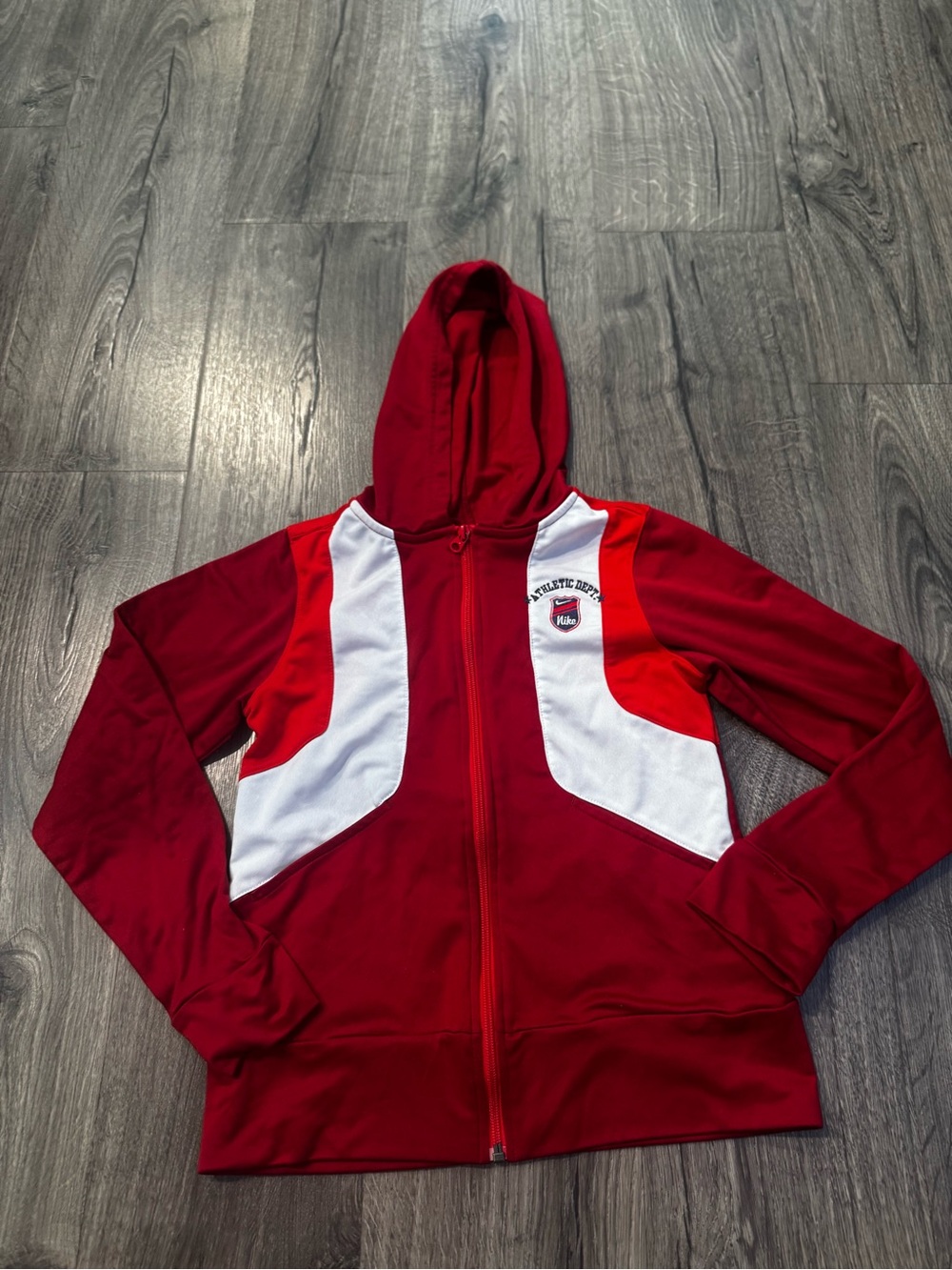 Nike Red and White Athletic Zip Hoodie with Crest Logo athletic dept size large